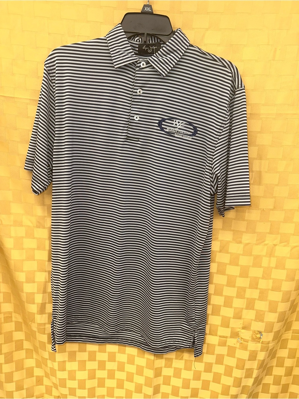 Men's Navy & White Striped Polo Shirt with Subtle Logo